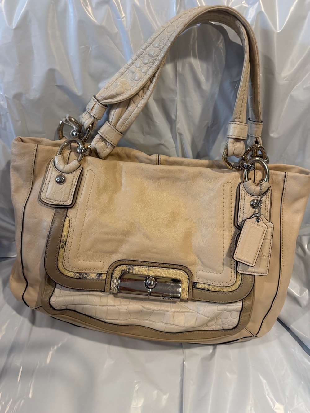 Coach Kristen Leather Satchel Light Tan / Cream Croc Embossed Python Trim